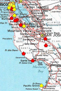 A red polygon indicates an extant occurrence; yellow indicates the occurrence has been extirpated  